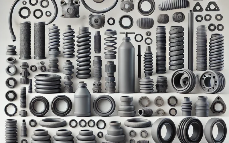 DALL·E 2025-01-18 10.12.44 – A collection of various rubber parts including O-rings, gaskets, hoses, seals, and bushings, neatly arranged on a clean surface. The parts should have rubber parts